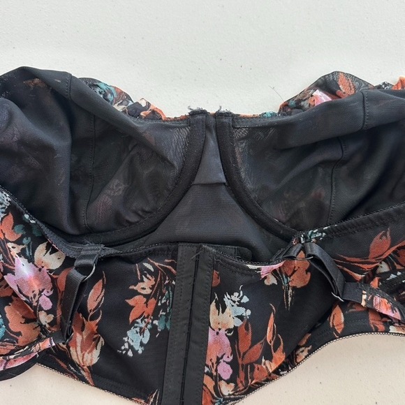 Torrid Curve Longline Bralette XL Floral Black Cap Sleeve Drawstring Mesh Bow - Picture 6 of 7